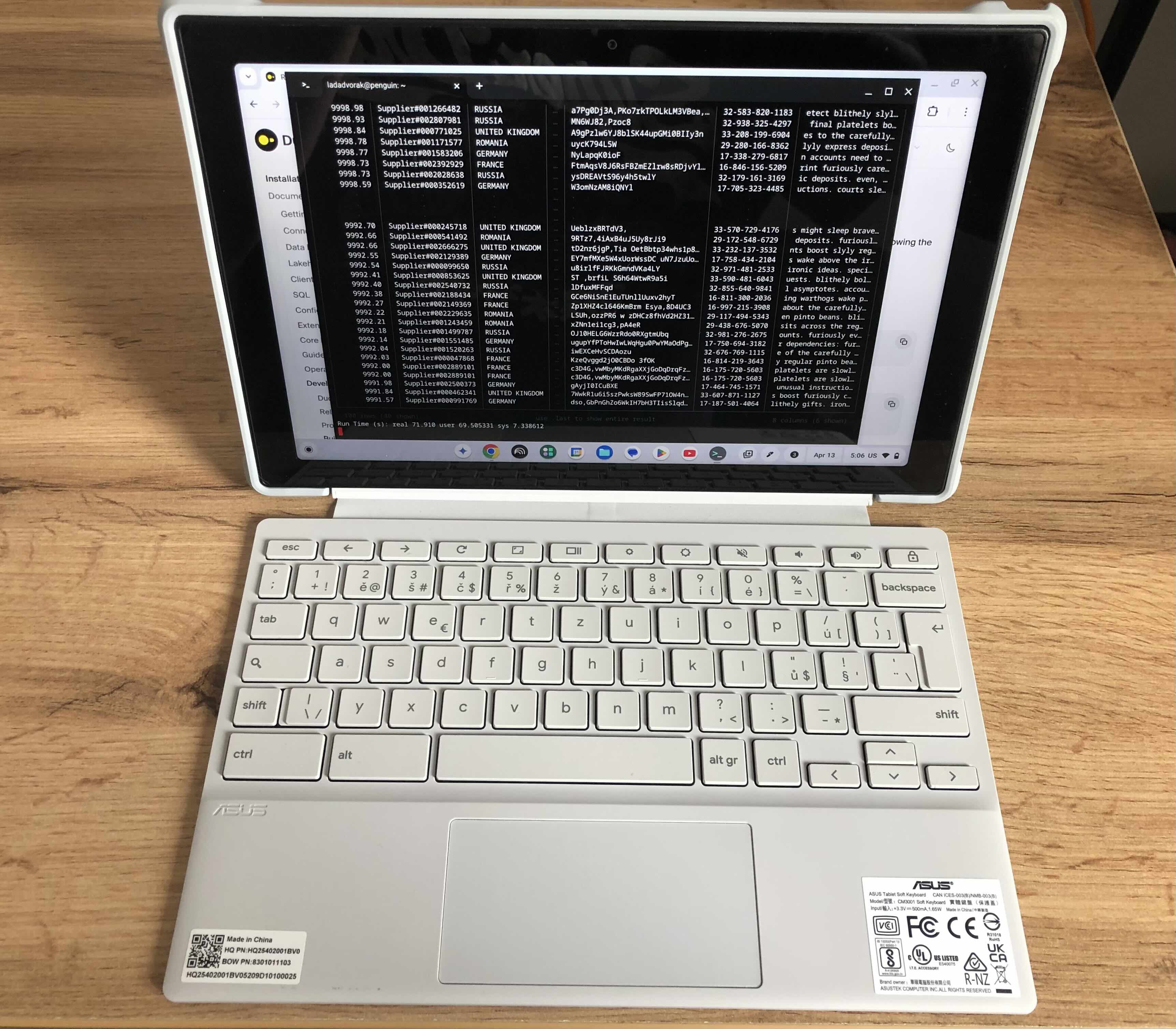 Asus Chromebook CM3001DM2 running TPC-H queries with DuckDB